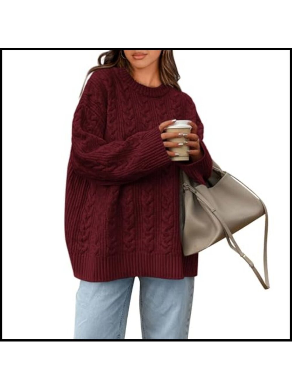 Oversized Cable Knit Crewneck Pullover Sweater Soft Knitted Long Sleeve